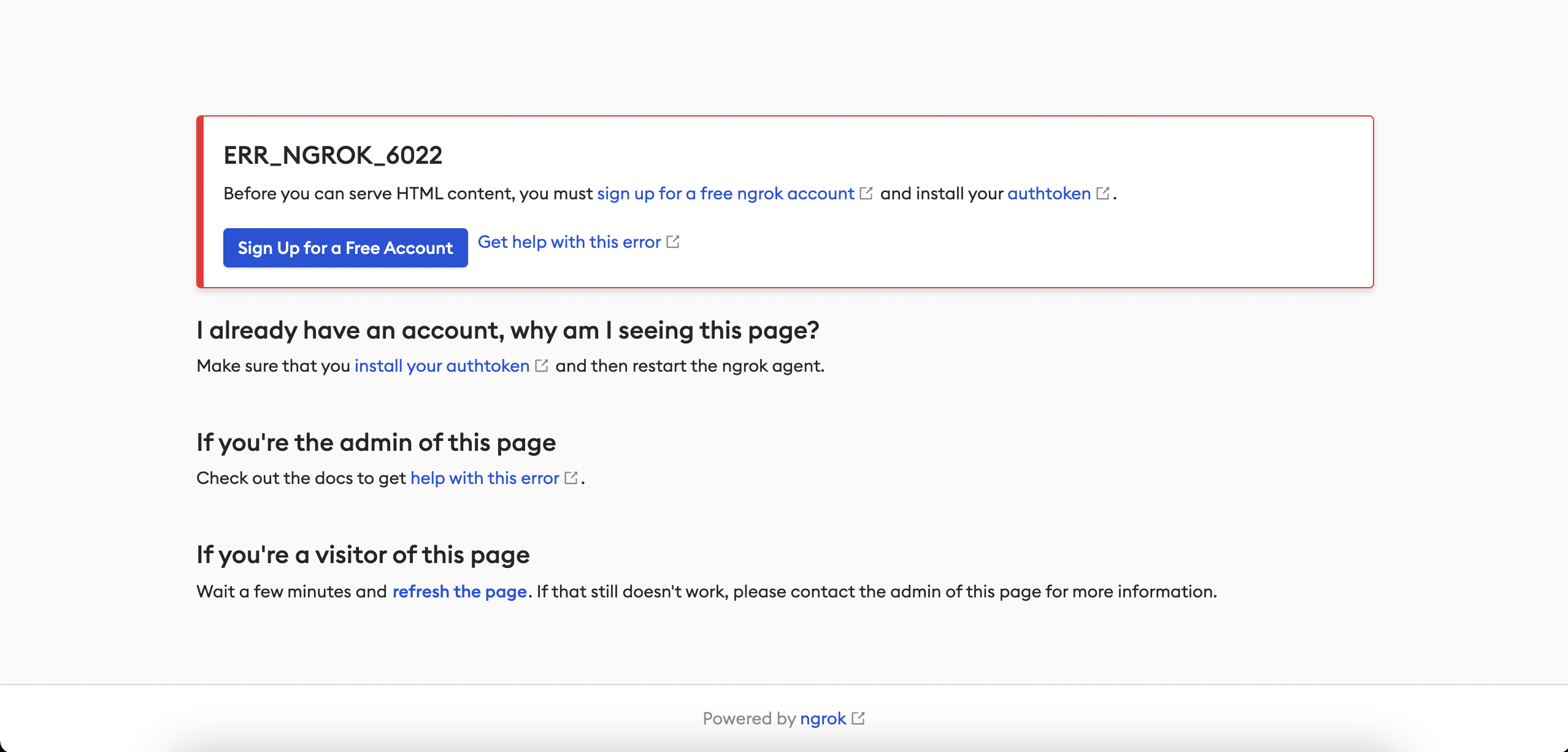 Ngrok error page when trying to access rails app due to missing auth token