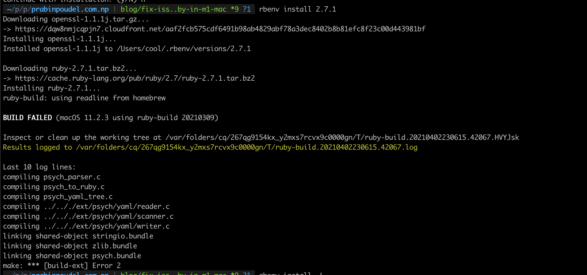 Screenshot of ruby installation error message