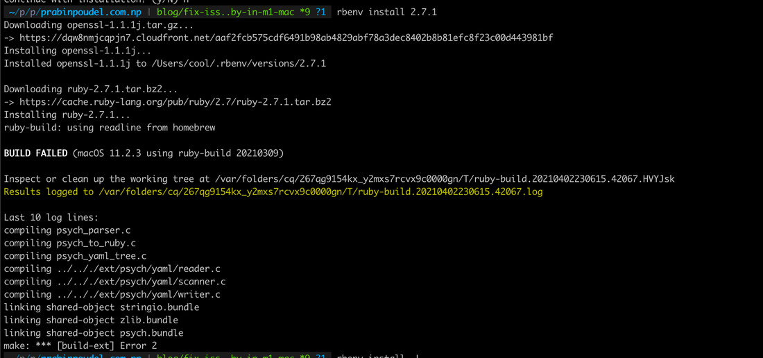 Screenshot of ruby installation error message